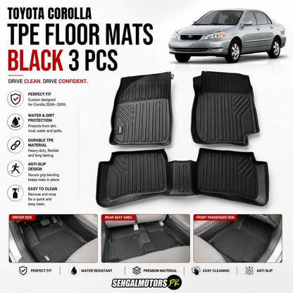 Toyota Corolla TPE Floor Mats Black 3 Pcs 2003 - 2008