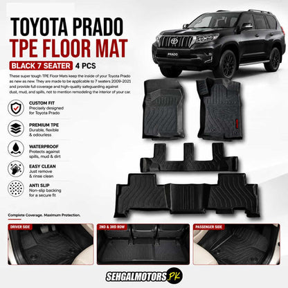 Toyota Prado TPE Floor Mats Black 7 Seater 4 Pcs 2009 - 2023