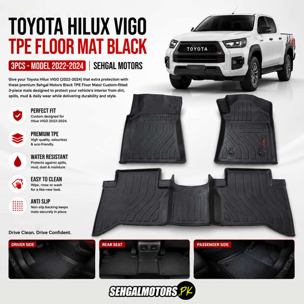 Toyota Hilux VIGO TPE Floor Mats Black 3 Pcs 2005 - 2015