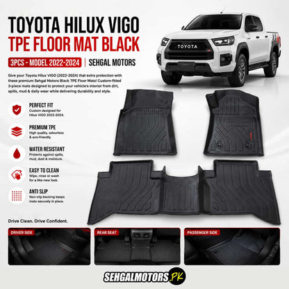 Toyota Hilux VIGO TPE Floor Mats Black 3 Pcs 2005 - 2015