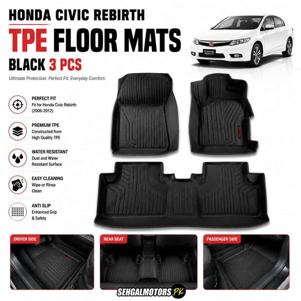 Honda Civic Rebirth TPE Floor Mats Black 3 Pcs 2012 - 2015