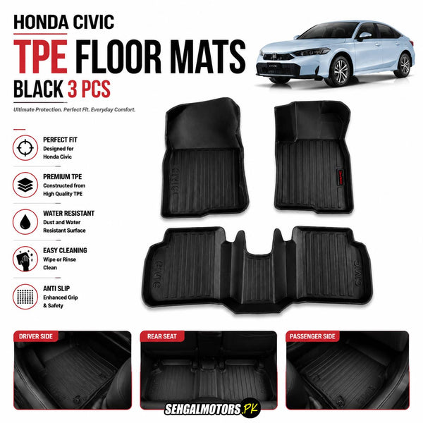 Honda Civic TPE Floor Mats Black 3 Pcs 2022 - 2026