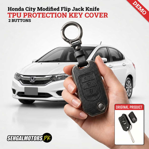 Honda City Modified Flip Jack Knife TPU Protection Key Cover 2 Buttons 2021 - 2026 - Black With Keychain Leather Texture