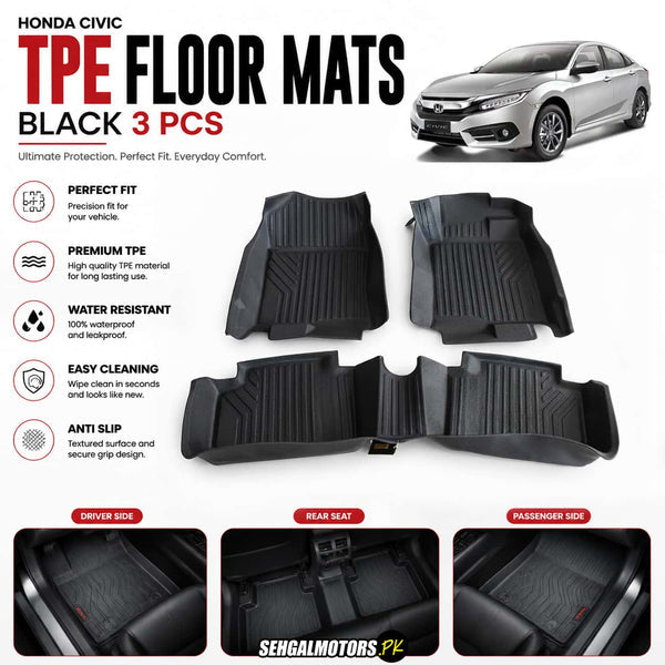 Honda Civic TPE Floor Mats Black 3 Pcs 2016 - 2021