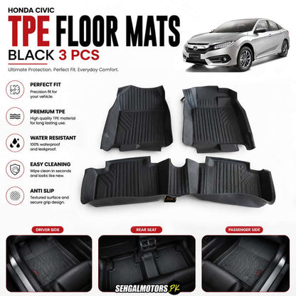 Honda Civic TPE Floor Mats Black 3 Pcs 2016 - 2021
