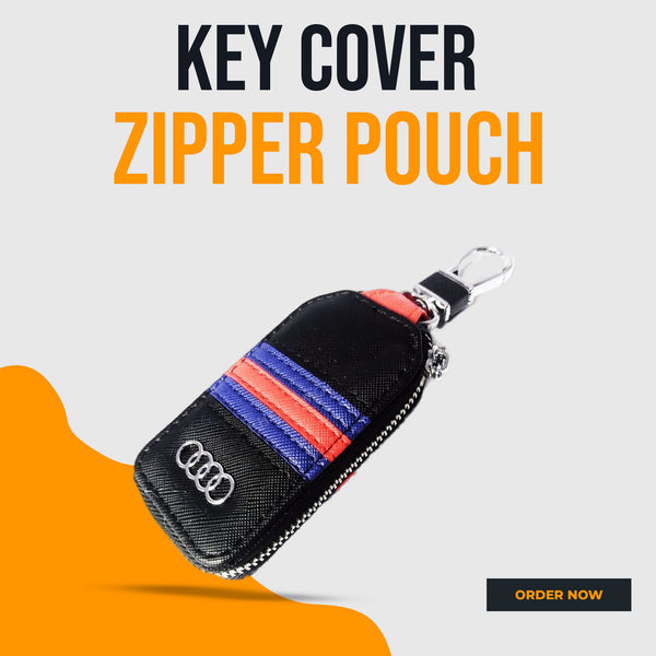 Audi Zipper Jeans Key Cover Pouch Black With Red Blue Strip Keychain - Ring