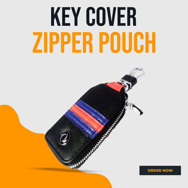 DFSK Zipper Jeans Key Cover Pouch Black With Red Blue Strip Keychain - Ring