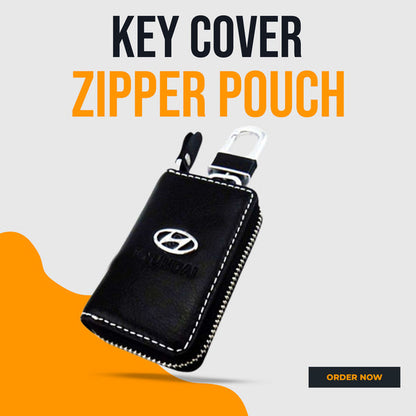 Hyundai Zipper Leather Key Cover Pouch Black with Keychain Ring