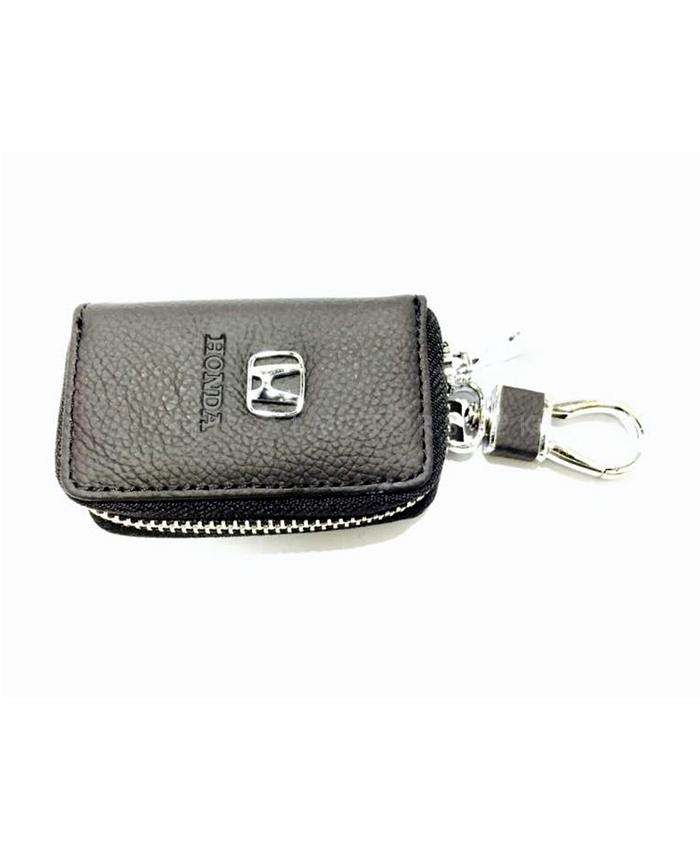 Honda Zipper Matte Leather Key Cover Pouch Black with Keychain Ring