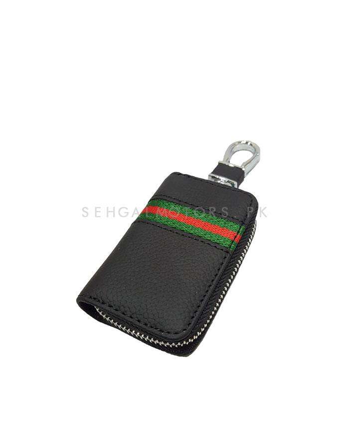 Gucci Universal Zipper Matte Leather Key Cover Pouch - Black with Keychain - Ring