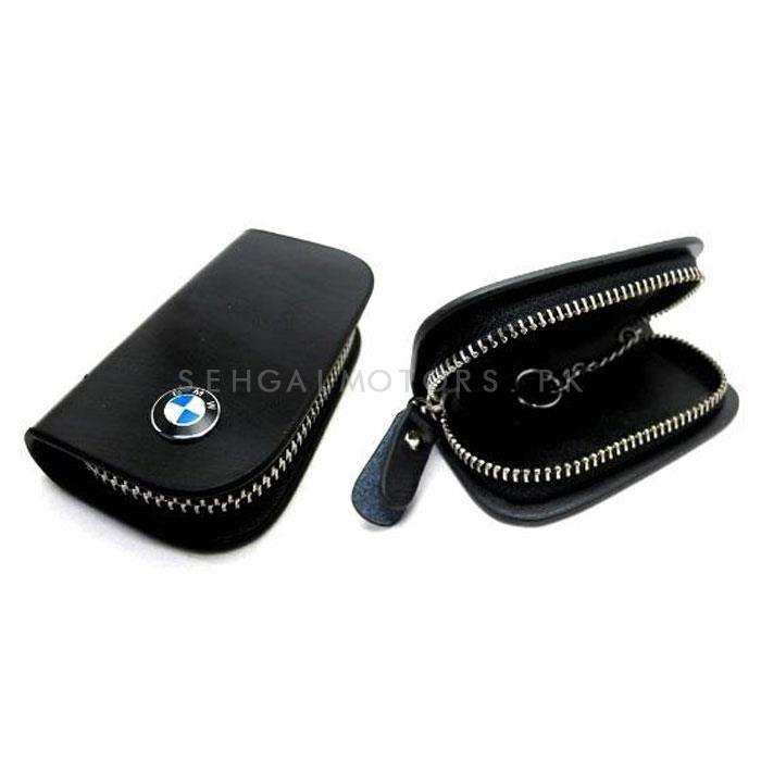 BMW Zipper Glossy Leather Key Cover Pouch Black with Keychain Ring