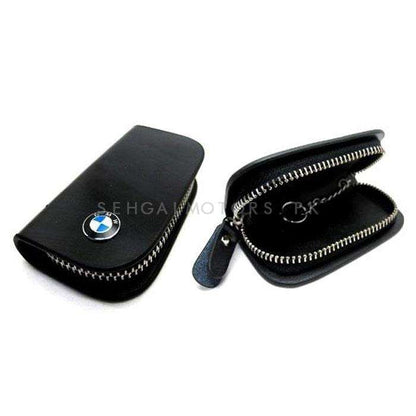 BMW Zipper Glossy Leather Key Cover Pouch Black with Keychain Ring