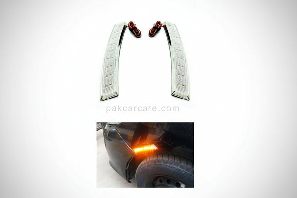A pair of chrome-finished car side marker lights with integrated amber reflectors, shown above a small inset photo demonstrating the lights in use on a vehicle.