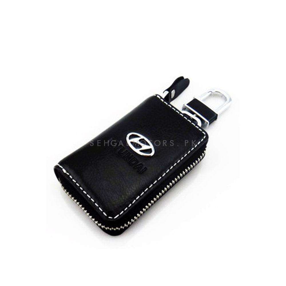 Hyundai Zipper Leather Key Cover Pouch Black with Keychain Ring
