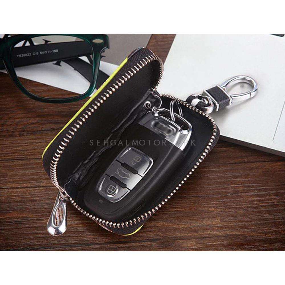 Hyundai Zipper Leather Key Cover Pouch Black with Keychain Ring