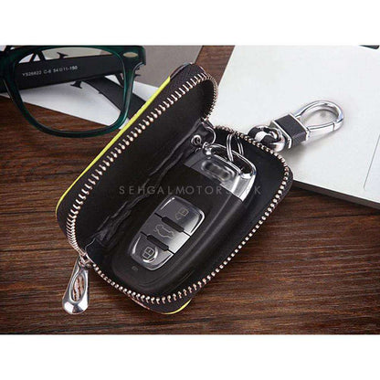 Hyundai Zipper Leather Key Cover Pouch Black with Keychain Ring