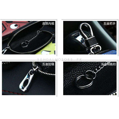 Hyundai Zipper Leather Key Cover Pouch Black with Keychain Ring