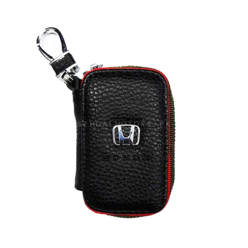 Honda Zipper Matte Leather Key Cover Pouch Black with Keychain Ring