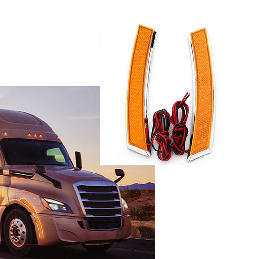 A pair of curved amber truck marker lights with white trim and attached red and black wiring, shown on a white background alongside a small inset photo of a semi-truck with the lights installed on the front.